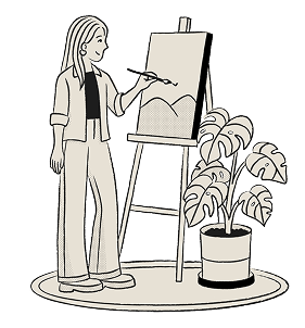 Ilustración de Maria Gutierrez, una diseñadora gráfica freelance en Barcelona pintando en un estudio con una planta.