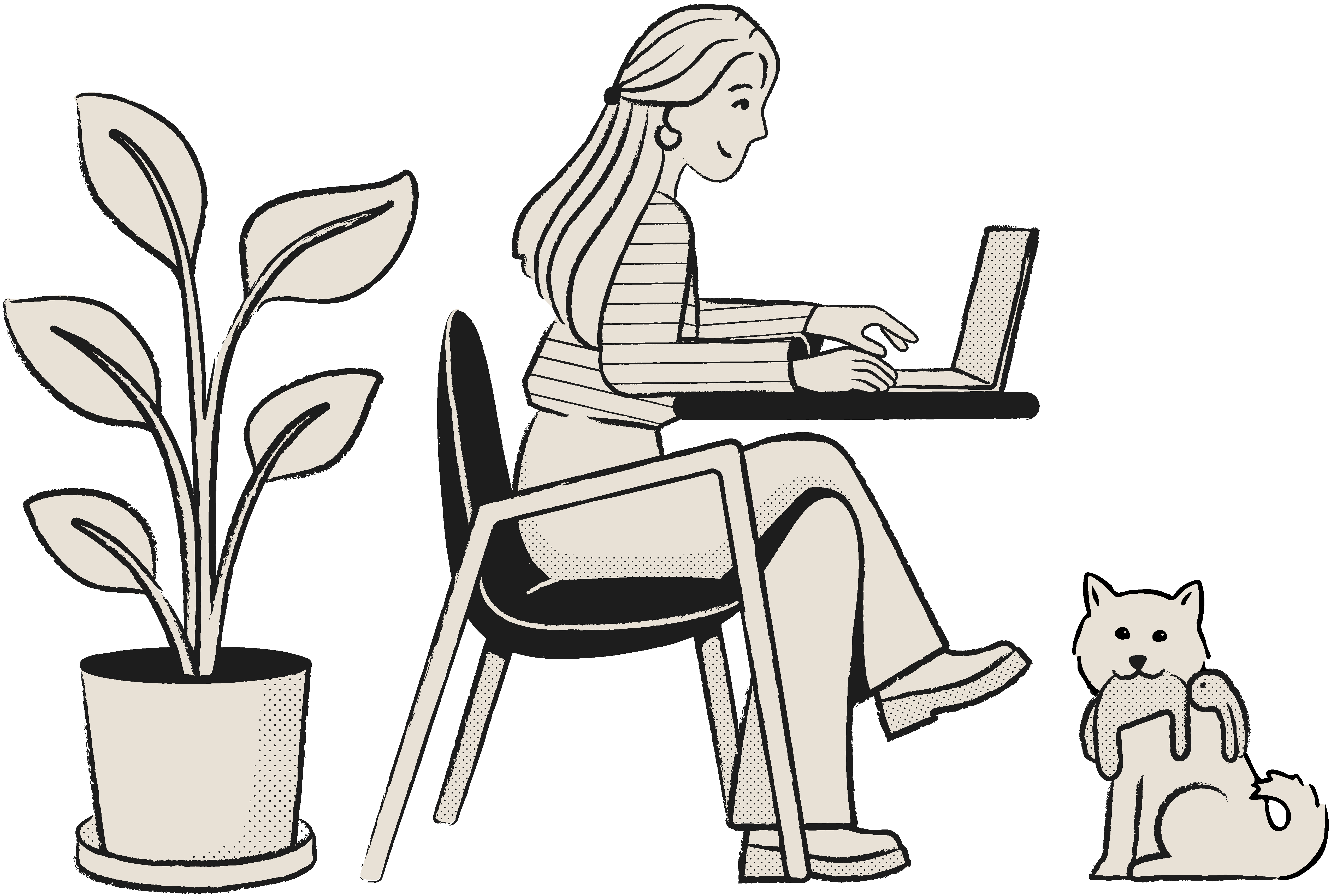 Illustration of Maria Gutierrez, a freelance graphic designer in Barcelona, with a dog and a plant.